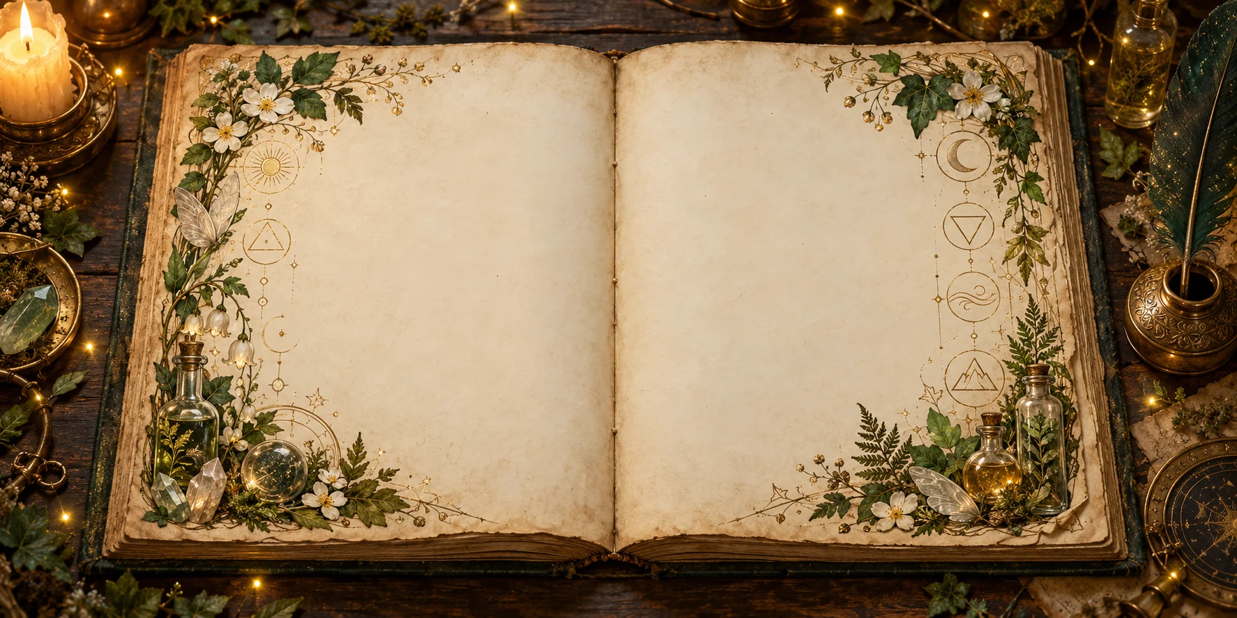 Caderno antigo de uma fada alquimista entre plantas, frascos e luzes douradas