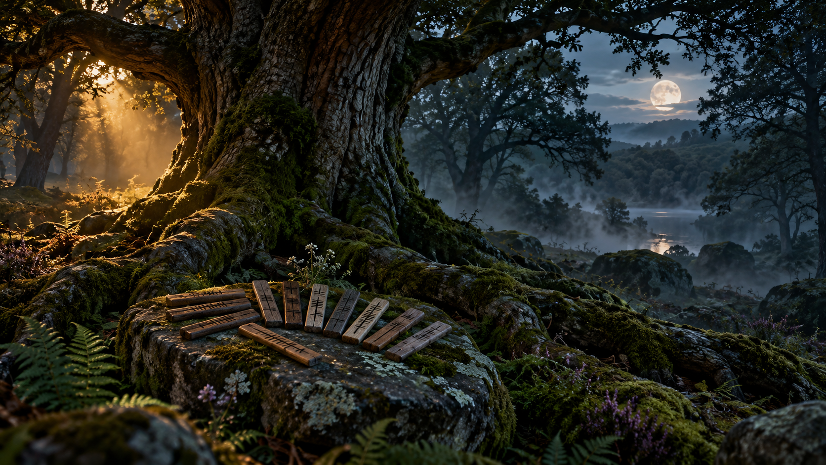 Árvore ancestral em uma paisagem noturna, representando a Sabedoria das Árvores Celtas