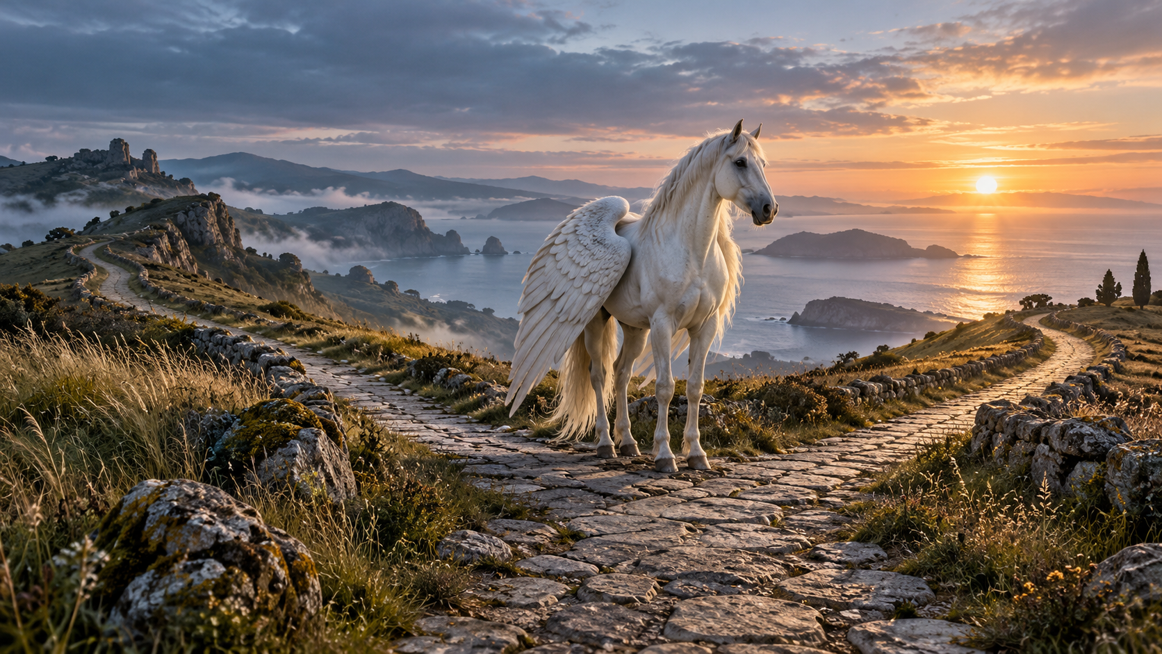 Cavalos encantados atravessando caminhos de luz e sombra, representando Os Caminhos de Pégaso