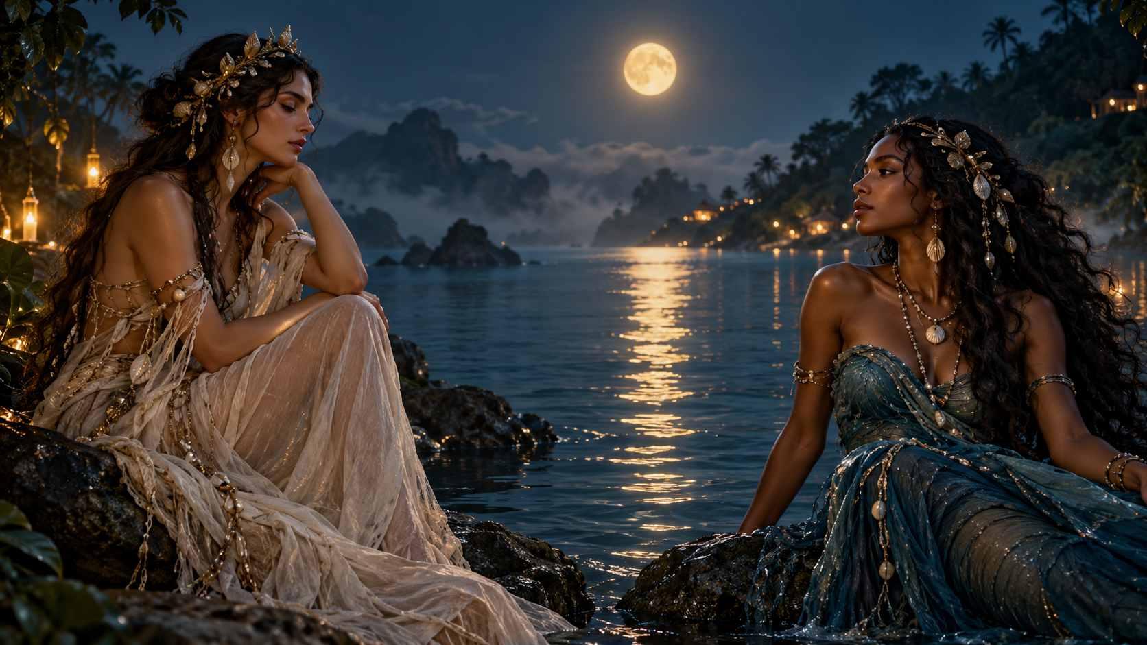 Mulheres ligadas às águas sob a lua, representando a Leitura Amorosa das Sereias